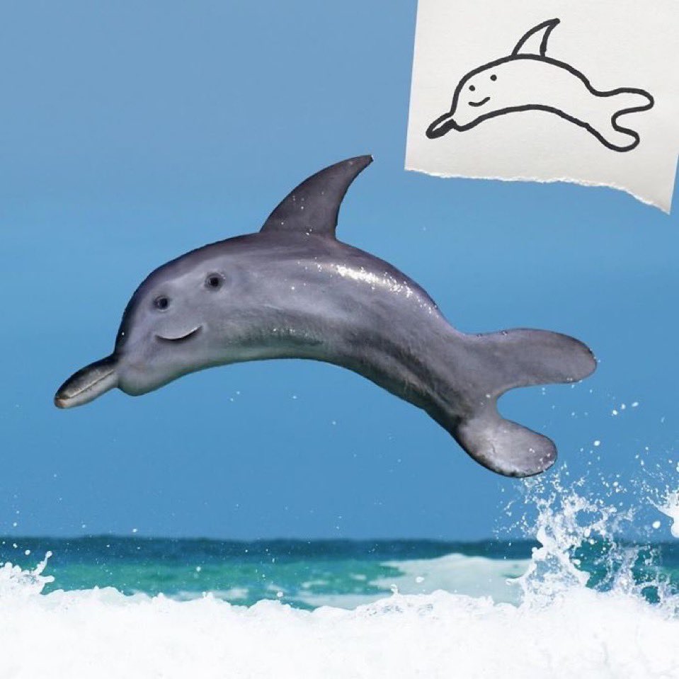 A leaping dolphin with oversized googly eyes