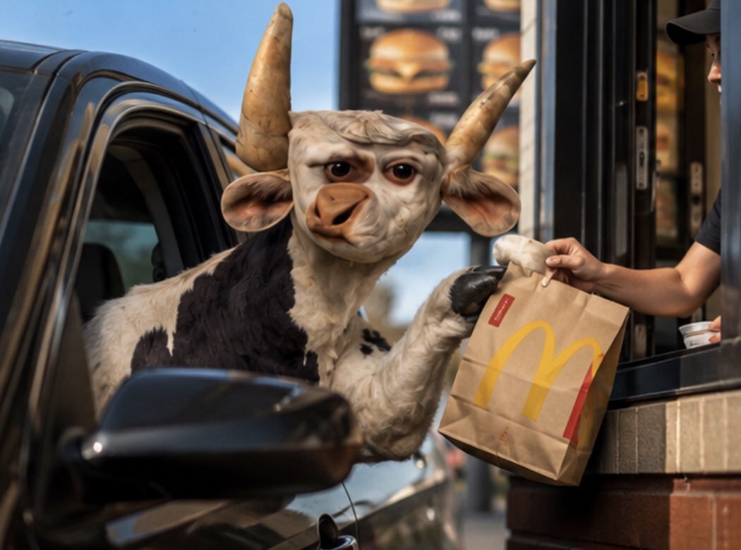 A cow-like creature collecting a bag at a fast food drive-thru window